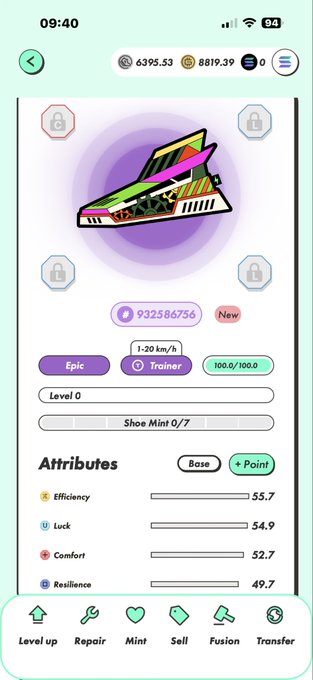 A mobile app screenshot showing a sneaker NFT/sneaker game interface with an Epic rarity shoe trainer valued at 932586736, displaying attributes like Efficiency 55.7, Luck 54.9, Comfort 52.7, and Resilience 49.7.
