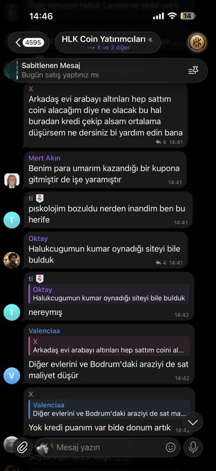A screenshot of a Turkish-language Telegram group chat titled "HLK Coin Yatırımcıları" (HLK Coin Investors) with 4595 members, showing members discussing buying and selling strategies for the coin, with one member named "Valenciaa" suggesting selling their vehicles and Bodrum property, and another responding about having "puanım" (points) in Donum—perfectly illustrating the absurd and comical nature of the group's investment discussions.