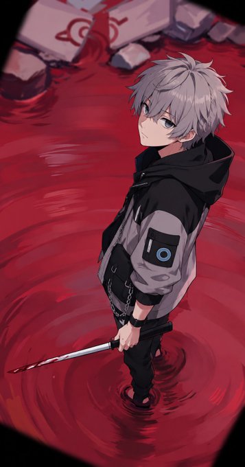 Anime-style illustration of a silver-haired boy in a gray and black jacket standing in a pool of red liquid, holding a bloodied knife.