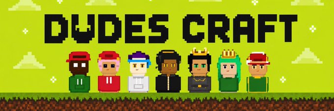 Pixel art banner for "DUDES CRAFT" featuring seven diverse blocky characters standing on grass under a green sky with clouds.