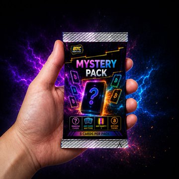 A hand holding a "MYSTERY PACK" of three cards branded with "BTC" against a dark background with purple and blue lightning effects.