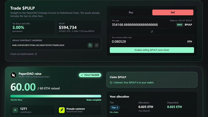 Screenshot of a token trading interface titled 'Trade $PULP' showing a market cap of $594,734 and a 'PaperDAO raise' that is 'FULLY RAISED' with 60.00 / 60 ETH deposited and 1,271 contributors.