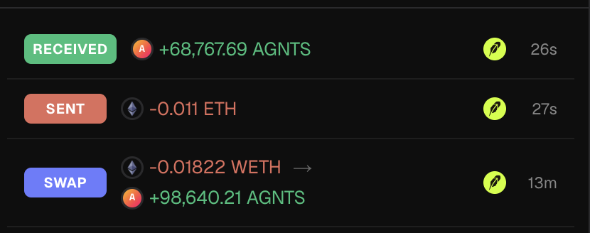A cryptocurrency transaction history showing a 'RECEIVED' +68,767.69 AGNTS, a 'SENT' -0.011 ETH, and a 'SWAP' from -0.01822 WETH to +98,640.21 AGNTS.