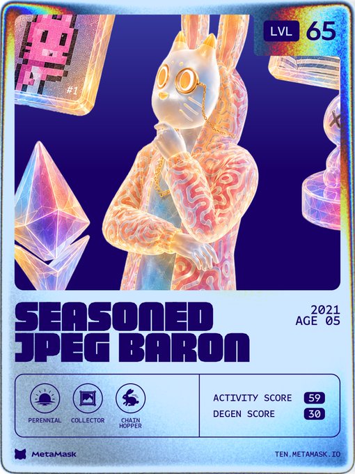 MetaMask 'Seasoned JPEG Baron' NFT collectible card at LVL 65, labeled '2021 AGE 05' with a holographic cat avatar in a hooded outfit, listing activity score 59 and degen score 30.