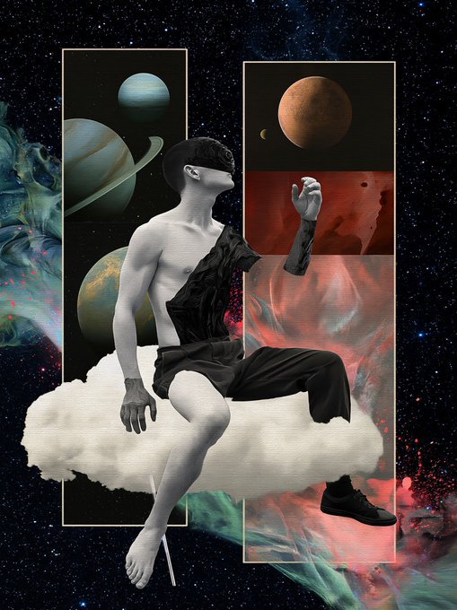 A surreal digital collage of a pale, seated figure on a cloud, wearing a black dress and a lace blindfold, with planets visible in window-like frames against a cosmic background.