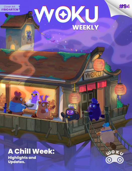 The image features a cartoon illustration of a building with a balcony, where several people can be seen sitting or standing. The scene includes a chandelier hanging from the ceiling, adding an elegant touch to the setting. The cover art for the Woku Weekly magazine showcases this whimsical scene and is accompanied by text that reads "A CHILL WEEK! Highlights & Updates!: Another week, another Woku Weekly covering all the latest from the @Ronin_Network!".