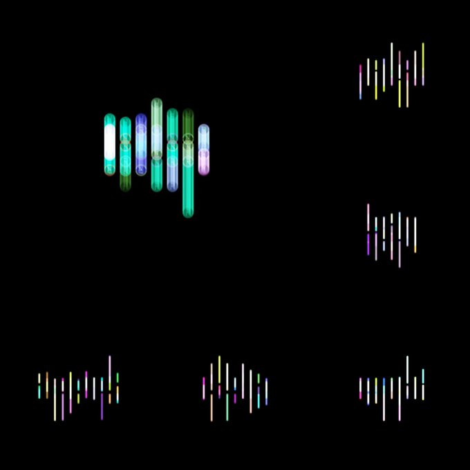 An abstract digital illustration on a black background featuring a central cluster of colorful, translucent pill-like capsules, surrounded by four groups of small, multi-colored vertical bars.