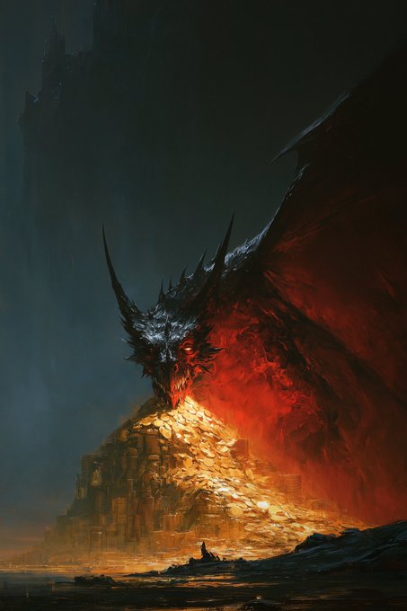 A dramatic fantasy artwork shows a large black dragon with glowing red eyes perched atop a pile of gold coins and treasure, with a small figure standing below.