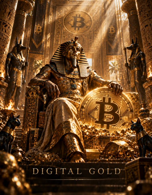 A stylized digital artwork depicting a golden Egyptian pharaoh seated on a throne surrounded by treasures, holding a large gold Bitcoin coin, with Anubis statues on either side, Bitcoin banners hanging in the background, and the text 'DIGITAL GOLD' at the bottom.