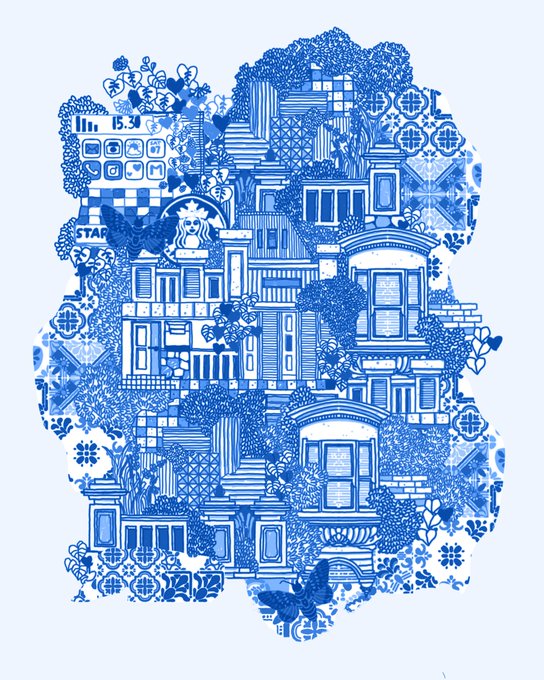 An intricate blue and white illustration featuring detailed architectural buildings, flowers, birds, and various small icons, including a Starbucks logo, arranged in a portrait shape.
