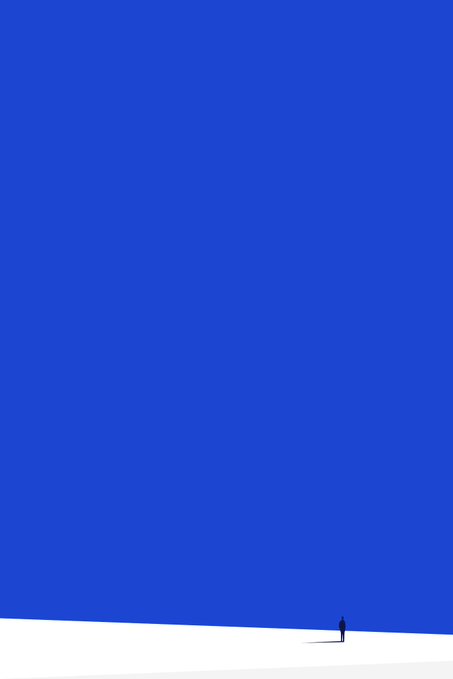 A minimalist illustration depicting a tiny figure standing before a massive, solid blue wall or surface that dominates the frame.