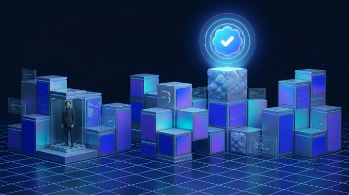 A figure in a dark suit stands before a vast array of glowing blue data cubes, with a prominent cloud icon bearing a checkmark rising above the cluster, symbolizing verified trust and reliability. The image visualizes Base's position as a stable, verified foundation for building lasting projects amid the noisy, speculative landscape of competing L2s.