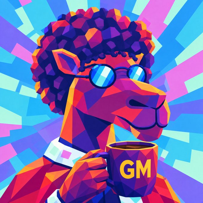 A colorful, geometric pop-art style illustration of a sheep wearing sunglasses and holding a coffee mug labeled "GM" (Good Morning).