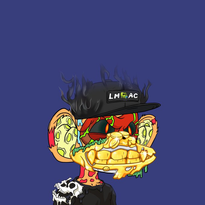 A cartoon illustration of a zombie-like character with bulging eyes, purple tongue, and golden teeth, wearing a black cap with flames, set against a dark blue background.