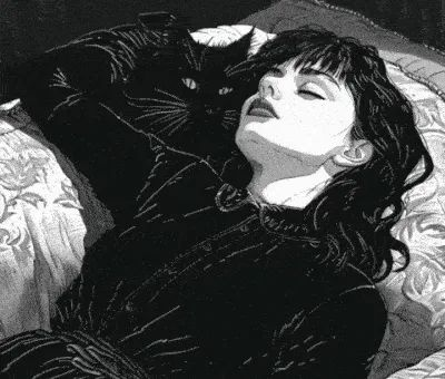 A black and white illustration of a woman with dark hair resting peacefully with a black cat curled near her face.