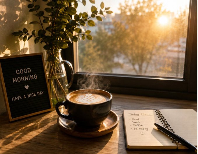 A cozy window scene featuring a steaming cup of latte art coffee, a "GOOD MORNING - HAVE A NICE DAY" letter board, a vase of greenery, and a notebook with a "Today Plan: Read, Work, Coffee, Be happy" checklist.