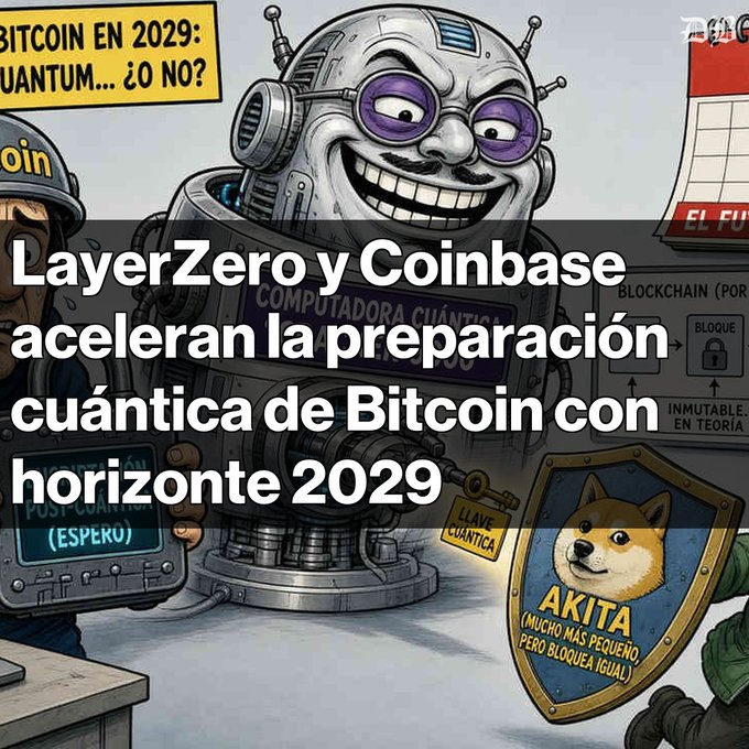 A Spanish-language satirical cartoon depicts a grinning robotic figure with quantum computing imagery, alongside an "AKITA" doge shield labeled "MUCHO MÁS PEQUEÑO, PERO BLOQUEA IGUAL", with headline text about "LayerZero y Coinbase aceleran la preparación cuántica de Bitcoin con horizonte 2029".