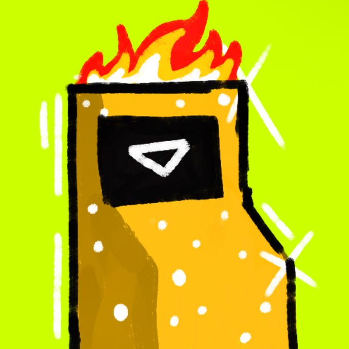 A childlike digital drawing of an orange device with white dots, a screen displaying a play button, and red flames on top, set against a bright yellow-green background.