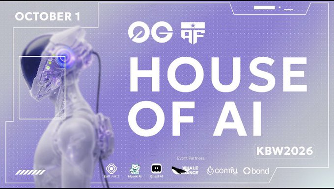 A promotional graphic for 'HOUSE OF AI' event on October 1 at KBW2026, featuring an AI robot and logos for sponsors including Whale Dance, Comfy, and Bond.