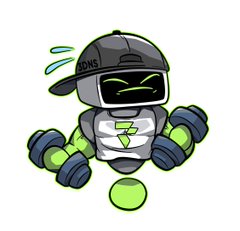 A cartoon illustration of a small green and white robot wearing a backwards baseball cap that says 'ADNS', lifting green dumbbells with a determined expression.