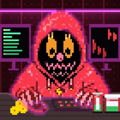 A pixel art image features a character in a red hoodie with a glowing yellow skull face, positioned in front of trading charts with cheese and a beaker.