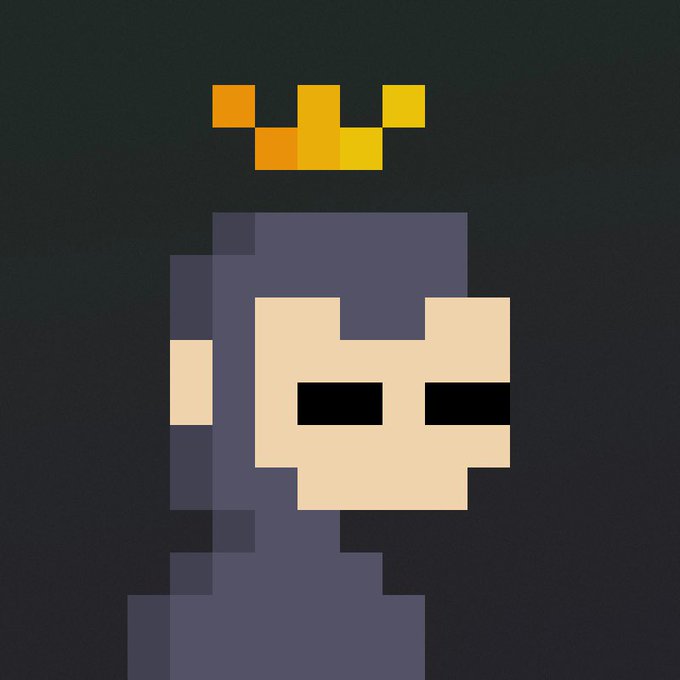A minimalist pixel art portrait of a bearded man wearing a gray hood, featuring blank black eyes and a yellow pixelated crown above his head.