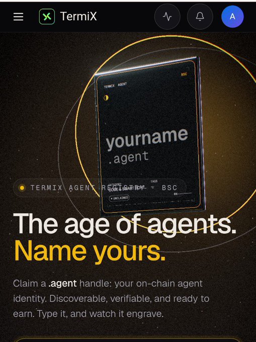 A promotional screenshot for TermiX featuring a dark theme with the text 'The age of agents. Name yours.' and instructions to 'Claim a .agent handle: your on-chain agent identity. Discoverable, verifiable, and ready to earn.'