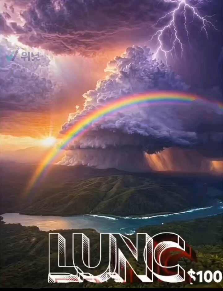 The image shows a colorful rainbow arching over a mountain range, with a dollar sign visible below the rainbow. Below the rainbow, there is text that says "LUNC Classic is... More than May June would be good. Compared to June July would be good. Be patient." This suggests an advertisement for a digital product or service related to the colors of the rainbow and their association with positive emotions like hope and happiness. The dollar sign indicates that this could be an offer, sale, or promotion in a Binance cryptocurrency exchange.