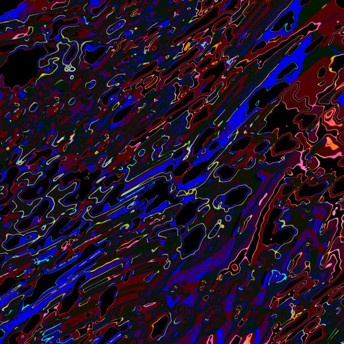 An abstract digital artwork featuring wavy, distorted patterns in dark red, blue, black, and neon colors.