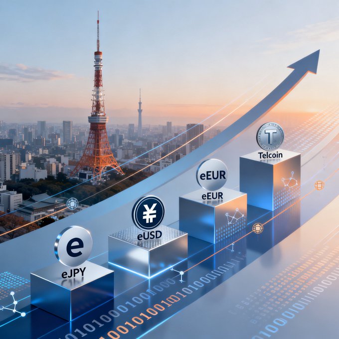 A graphic showing digital currency tokens (eJPY, eUSD, eEUR, Telcoin) on ascending pedestals with an upward arrow, set against a Tokyo cityscape featuring Tokyo Tower.