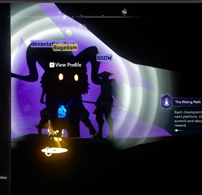 A screenshot of a video game screen showing silhouetted characters with usernames 'Bagelism' and 'SSDW' against a purple glowing background, with text mentioning 'The Rising Path' checkpoint challenge.