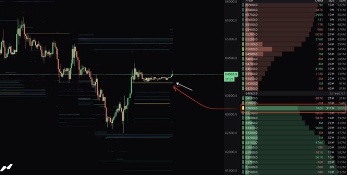 A candlestick chart of Bitcoin (BTC) on Binance perps is paired with an orderbook heatmap showing a dense buy wall of 217K+ BTC (~$13.8B notional, highlighted in the red box) concentrated between 63,800–63,950, providing support at the 63.8K level indicated by the red arrow.