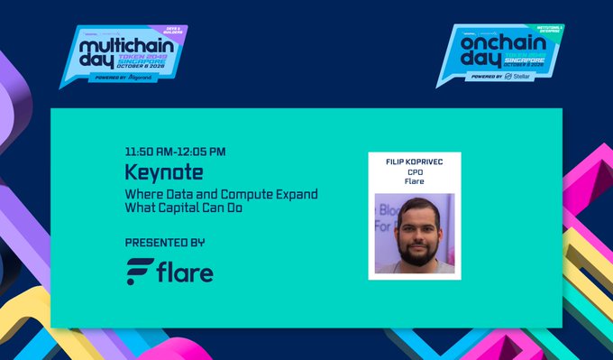 Promotional graphic for Multichain Day Singapore on October 6, 2025, at TOKEN2049, advertising a 11:50 AM–12:05 PM keynote titled "Where Data and Compute Expand What Capital Can Do," presented by Flare and featuring CPO Filip Koprivec.