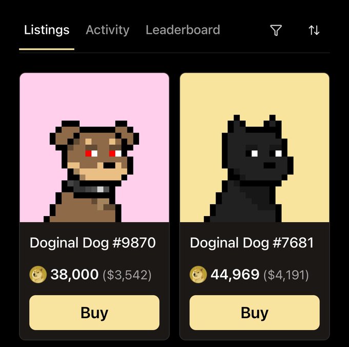A screenshot of a marketplace showing two pixel-art NFT listings: 'Doginal Dog #9870' priced at 38,000 ($3,542) and 'Doginal Dog #7681' priced at 44,969 ($4,191), both with 'Buy' buttons.