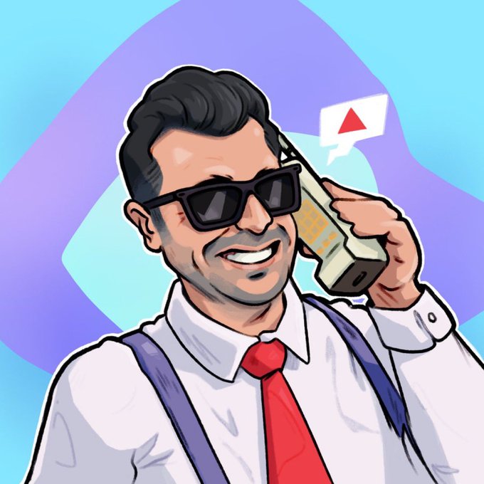 Cartoon illustration of a bearded man in sunglasses, white shirt, and red tie talking on an old brick cell phone.
