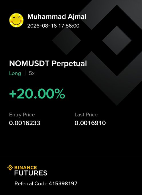 Muhammad Ajmal shares a profitable Binance Futures trade on $NOMUSDT Perpetual, showing a +20.00% gain on a 5x long position with an entry price of 0.0016233 and last price of 0.0016910, alongside referral code 415398197.