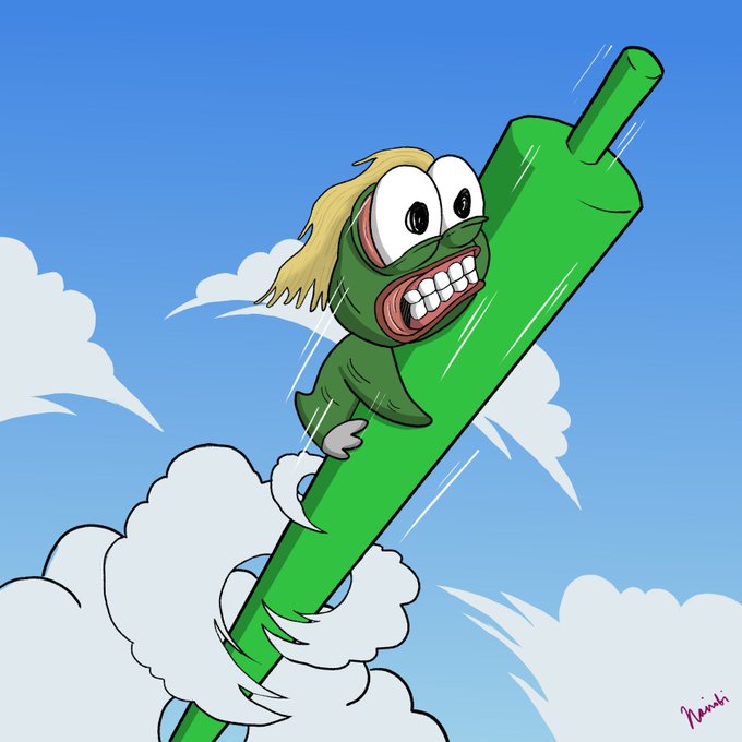 A cartoon illustration of a wide-eyed, grinning frog with blonde hair clinging tightly to a large green pole against a blue sky with clouds.