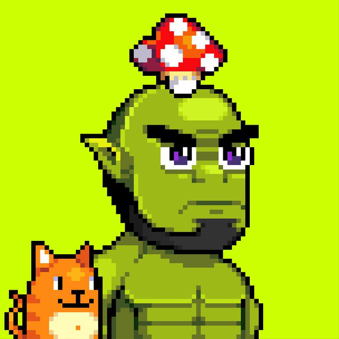 A pixel art illustration depicts a green character resembling Shrek with a serious expression and purple eyes, topped with a red and white spotted mushroom, alongside a small orange dog-like creature against a solid green background.
