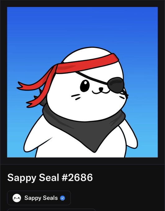 A digital illustration of a cute white seal character wearing a red pirate bandana, eye patch, and dark bandana around its neck, labeled 'Sappy Seal #2686' with the 'Sappy Seals' collection name below.