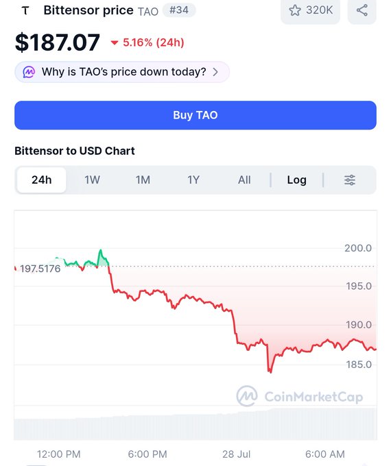The image shows a Bittensor (TAO) price chart from CoinMarketCap, with the current price at $187.07, down 5.16% over 24 hours, displaying a sharp decline throughout the trading day. The chart visually supports the post's claim of TAO's recent price drop, reinforcing the poster's enthusiasm about the potential buying opportunity at these lower levels.