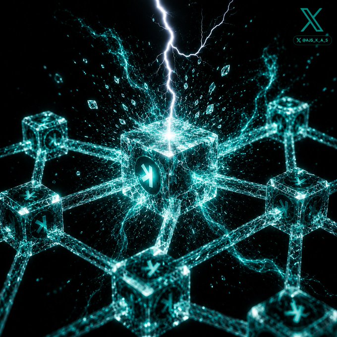 The image features an abstract representation of a network of cubes with blue lights emanating from them, creating a striking visual effect against a black background. The cubes are interconnected by lines, forming a complex web-like structure that resembles a spider's web or a network of computer networks. The image is accompanied by text that reads "Every second you wait for a confirmation is a second the system is failing you Kaspa was built on the premise that waiting is a bug, not a feature". This message seems to be related to the content in the image and could be an explanation or commentary about the visual representation of the network.