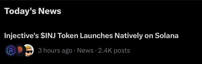 The image displays a "Today's News" headline announcing that Injective's $INJ token has launched natively on the Solana blockchain, posted 3 hours ago with 2.4K posts, aligning with the accompanying post noting that $INJ is trending on the timeline.