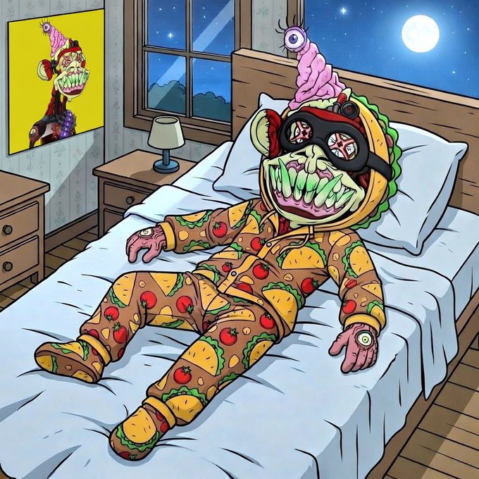 A creepy cartoon character wearing a taco-themed pajama set and nightcap lies on a bed in a moonlit bedroom, with a matching portrait hanging on the wall.