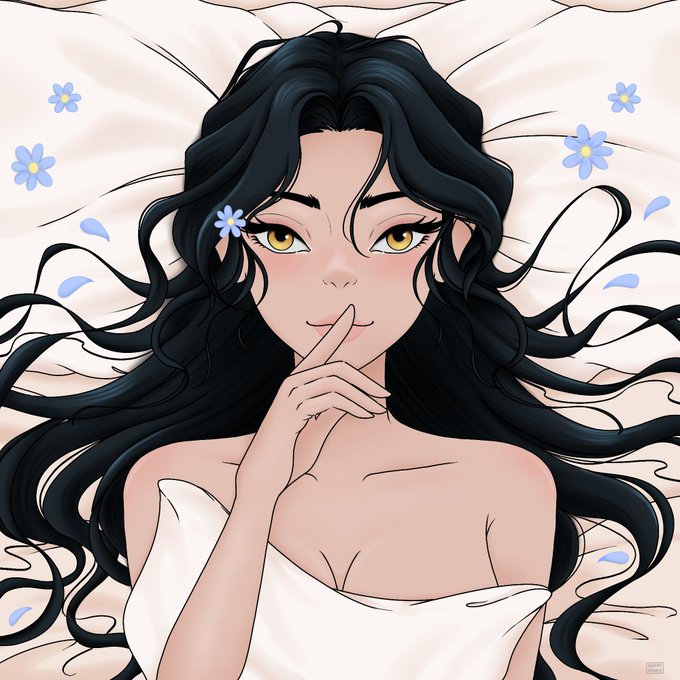 An anime-style illustration of a black-haired woman with yellow eyes lying on a bed with white sheets, her finger held to her lips in a shushing gesture, surrounded by small blue flowers.
