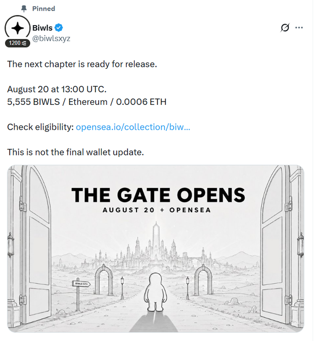 A promotional tweet from Biwls (@biwlsxyz) announcing an NFT release on August 20 at 13:00 UTC, offering 5,555 BIWLS on Ethereum at 0.0006 ETH, with an attached illustration of a figure opening gates toward a fantasy city captioned "THE GATE OPENS - AUGUST 20 • OPENSEA" to encourage checking eligibility on OpenSea.