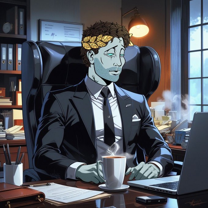 A digital illustration of a zombie-like figure wearing a golden laurel wreath and a dark suit, sitting at a desk with a laptop and a steaming cup of coffee in a moody office setting.