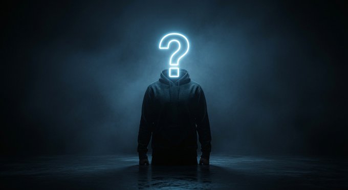 A mysterious figure in a dark hoodie with a glowing blue neon question mark replacing their head, standing in a dark foggy environment.