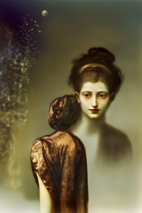 A surreal, vintage-style portrait features a pale woman with dark hair in a bun, striking golden eyes, and red lips, draped in metallic gold fabric, with a constellation of stars visible in the dark green background.