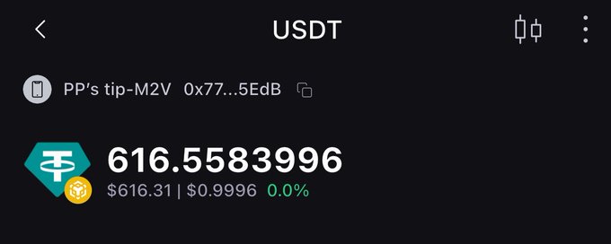 A cryptocurrency wallet screenshot displaying a USDT balance of 616.5583996 (~$616.31) for the address 'PP's tip-M2V' ending in 5EdB on the Titan network.