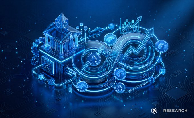 A glowing blue, futuristic digital graphic featuring a stylized building, a large infinity symbol or interconnected rings, various icons, and the word 'RESEARCH' in the bottom right corner.